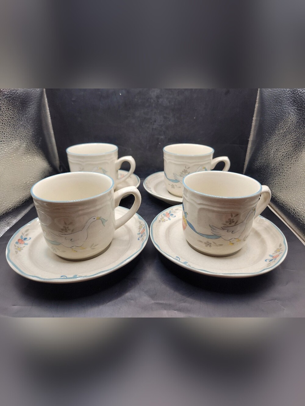 Vintage Set Of 4 Blue Ribbon Geese Teacups and Saucers Marmalade Pattern